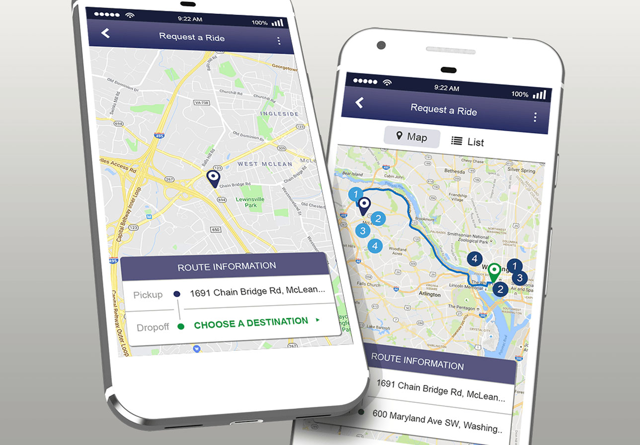 Carpool Now app route and trip confirmation screen