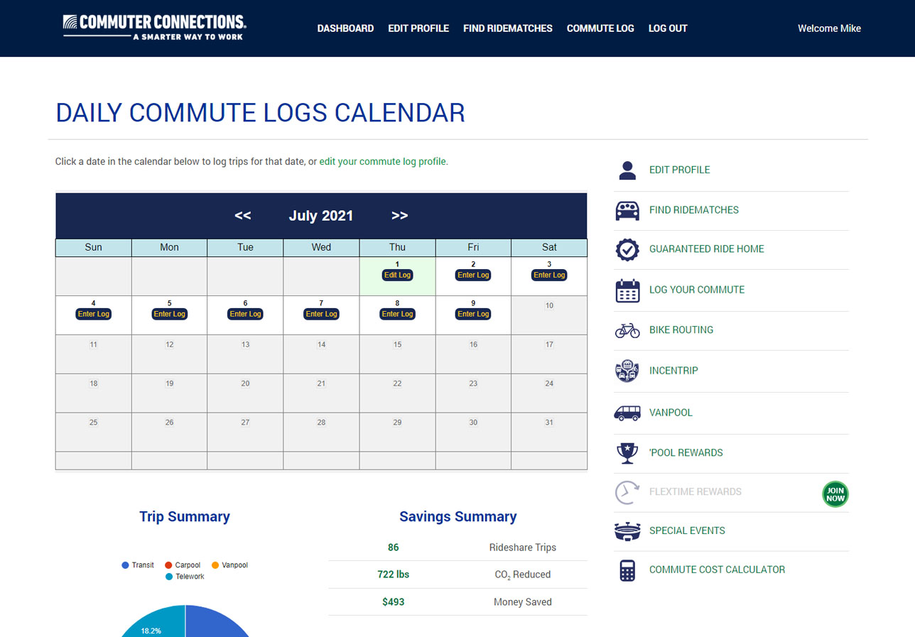 Commuter Connections commute log screen