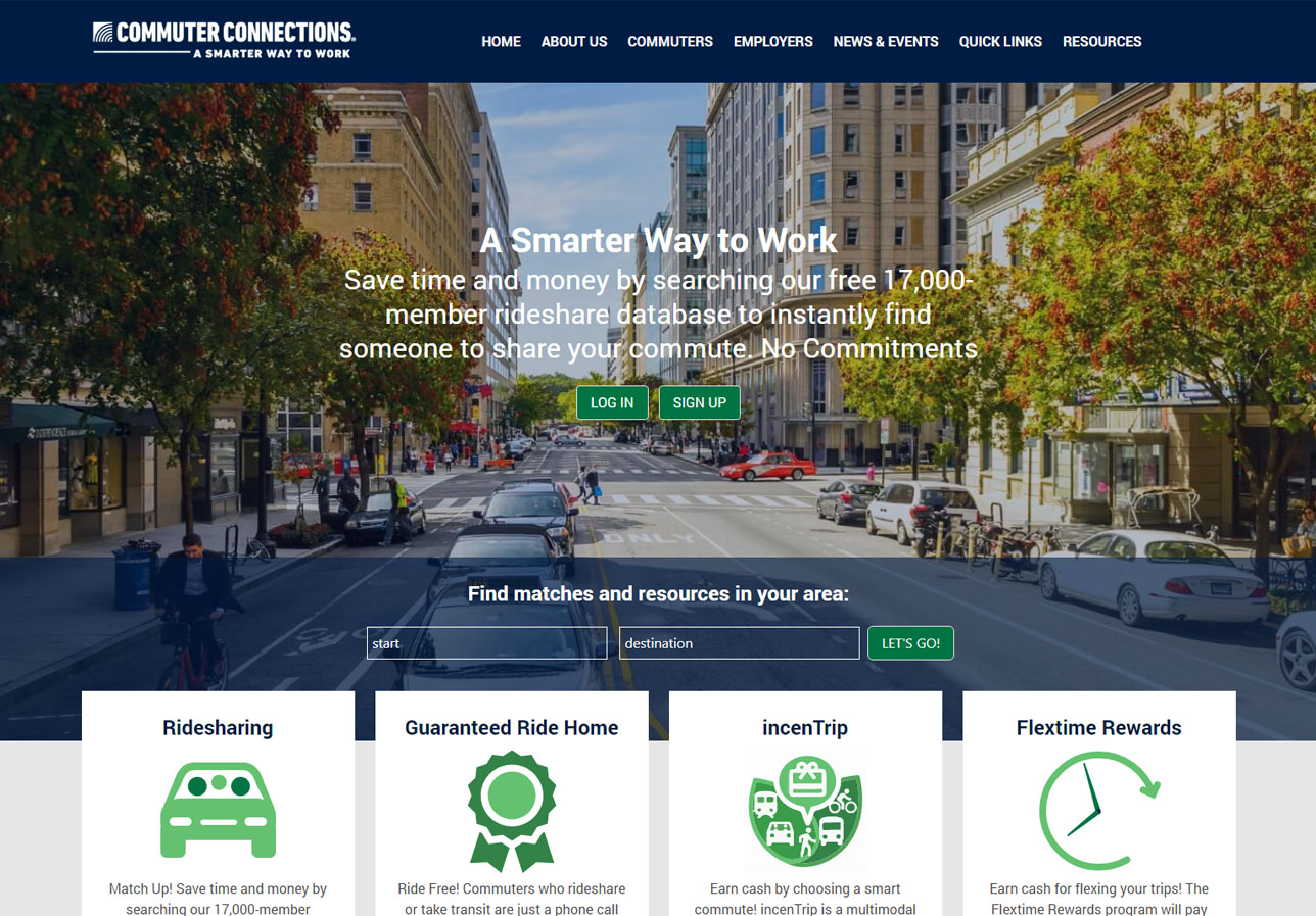 Commuter Connections ridesharing platform home screen