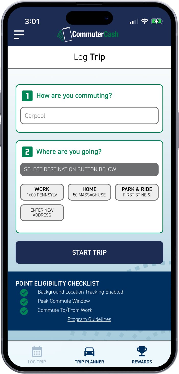 CommuterCash trip logging screen with mode selection