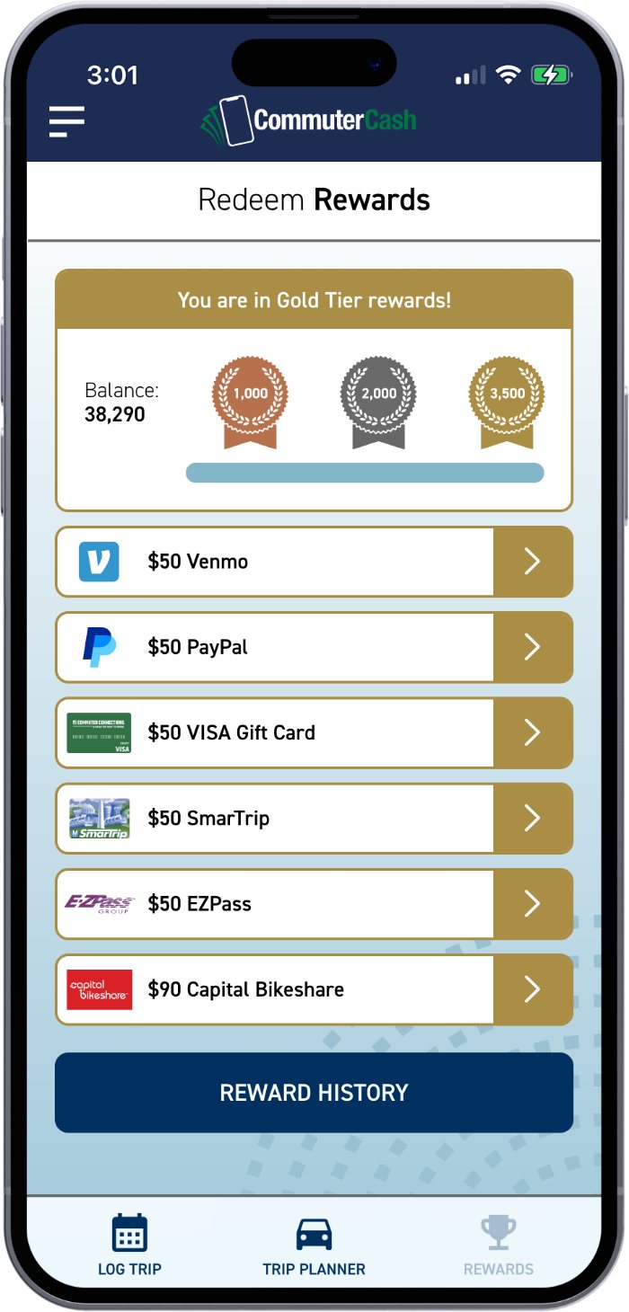 CommuterCash rewards screen with points and redemption options