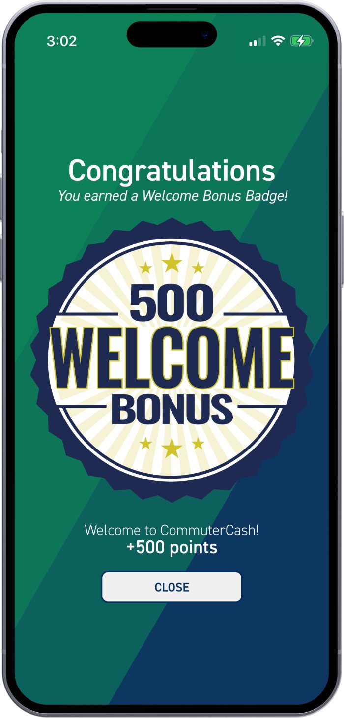 CommuterCash welcome bonus badge screen